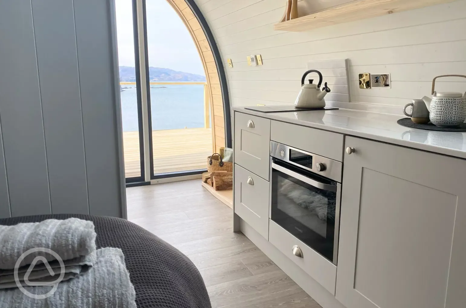 Sildvik and Sunset ensuite glamping pod interiors with a kitchenette Sildvik and Sunset ensuite glamping pod interiors with a kitchenette