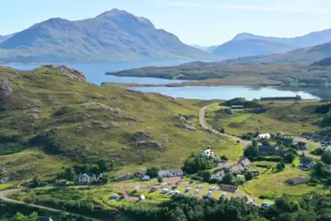 Aerial of Shieldaig Camping and Cabins by Loch Shieldaig