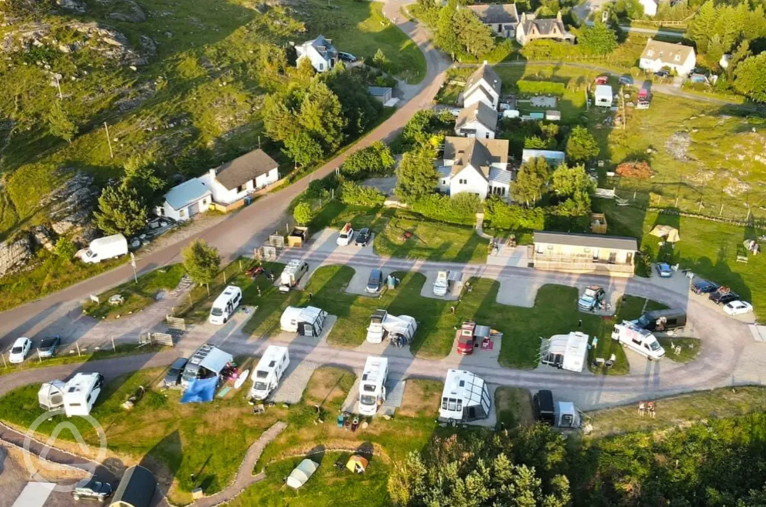 Aerial of Shieldaig Camping and Cabins with hardstanding pitches Aerial of Shieldaig Camping and Cabins with hardstanding pitches