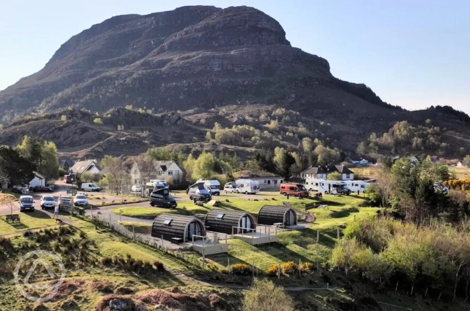 Aerial of Shieldaig Camping and Cabins facing inland Aerial of Shieldaig Camping and Cabins facing inland