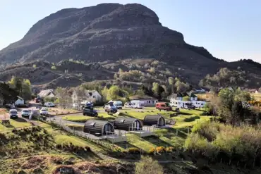 Aerial of Shieldaig Camping and Cabins facing inland