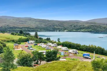 Aerial of Shieldaig Camping and Cabins by Loch Shieldaig