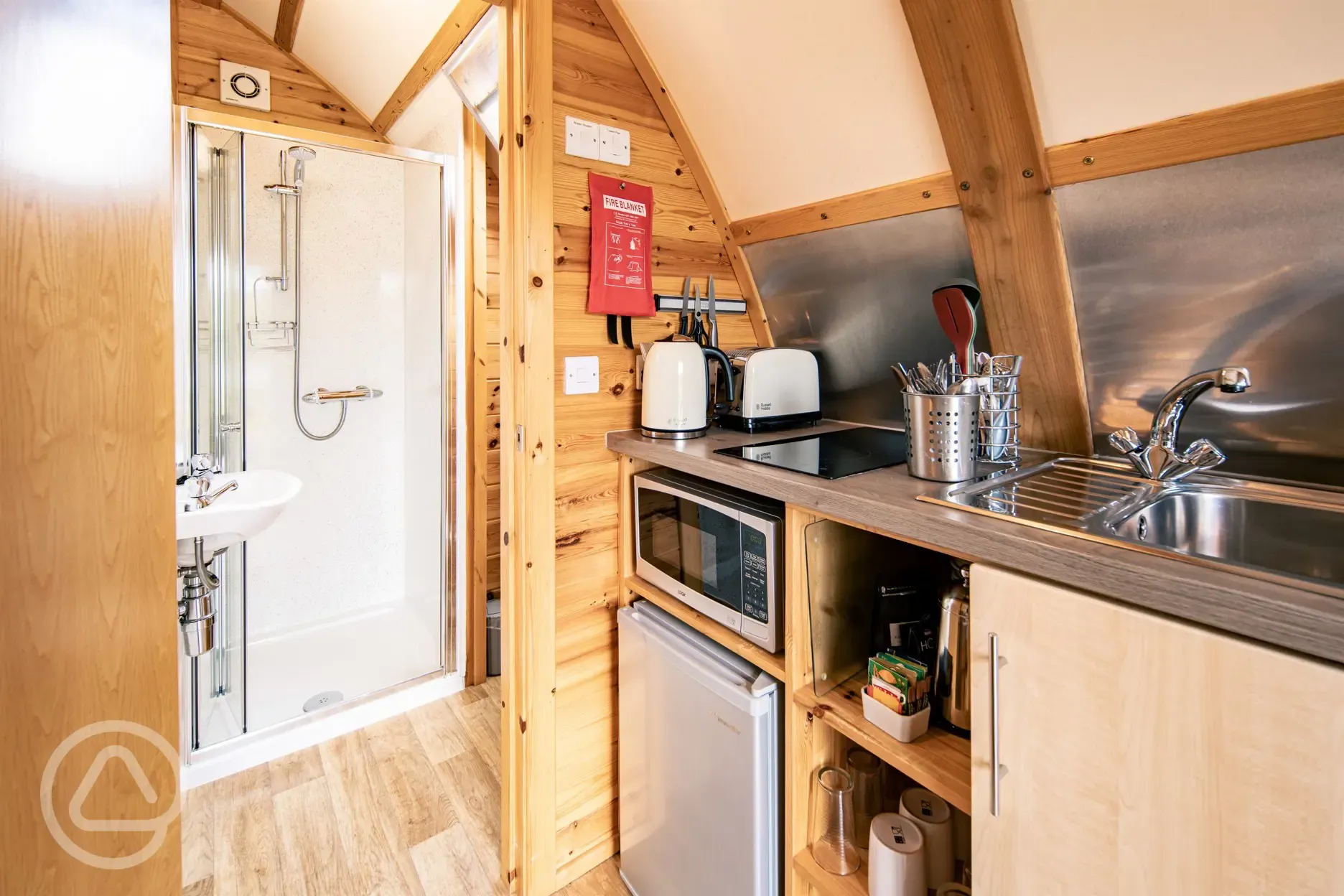 Ensuite deluxe Wigwam pod bathroom and kitchenette