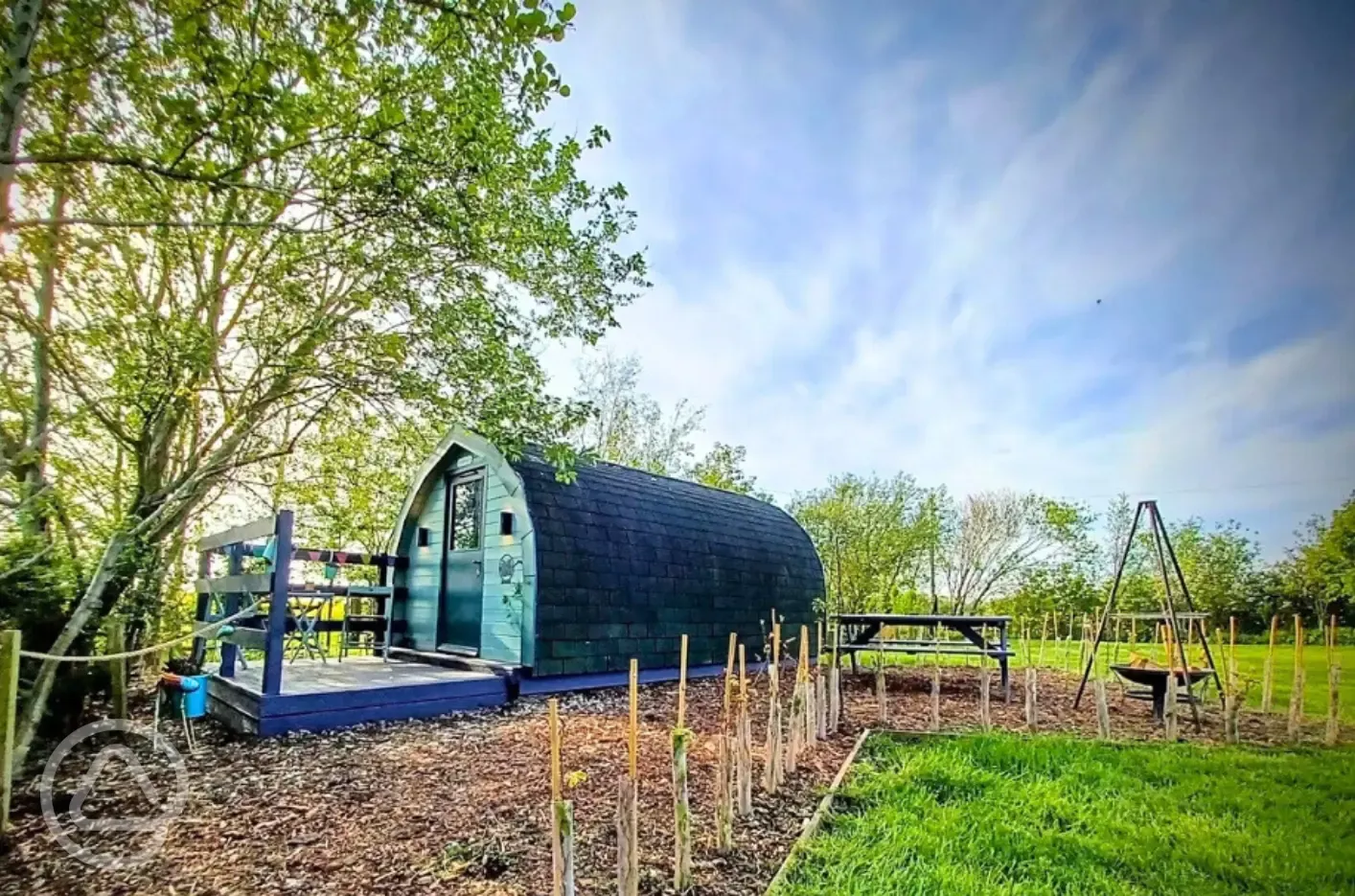 Peacock camping pod with hot tub