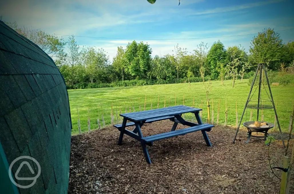Peacock camping pod table and fire pit