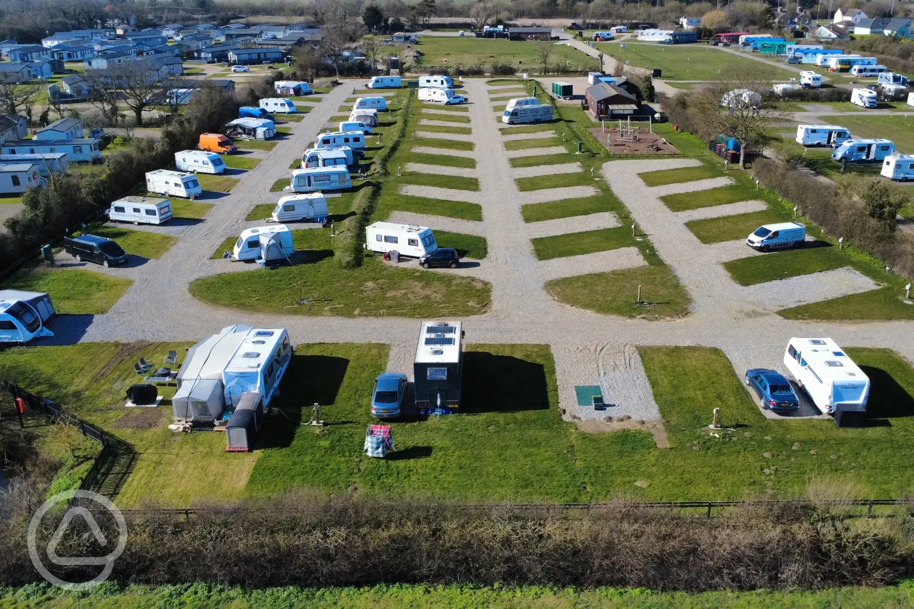 Aerial view of electric hardstanding and grass pitches