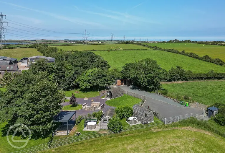 Aerial view of the pods and surrounding countryside at Pods Pwll Coch