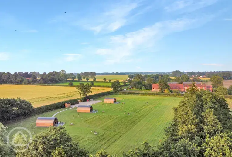 Aerial of Millview Meadow Glamping in the Norfolk countryside