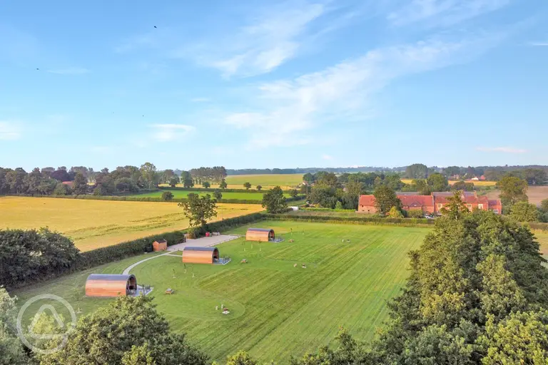 Aerial of Millview Meadow Glamping in the Norfolk countryside