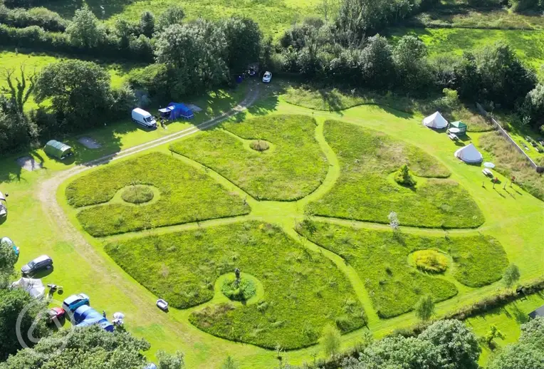Aerial of Wild Meadow Camping with mown pitches