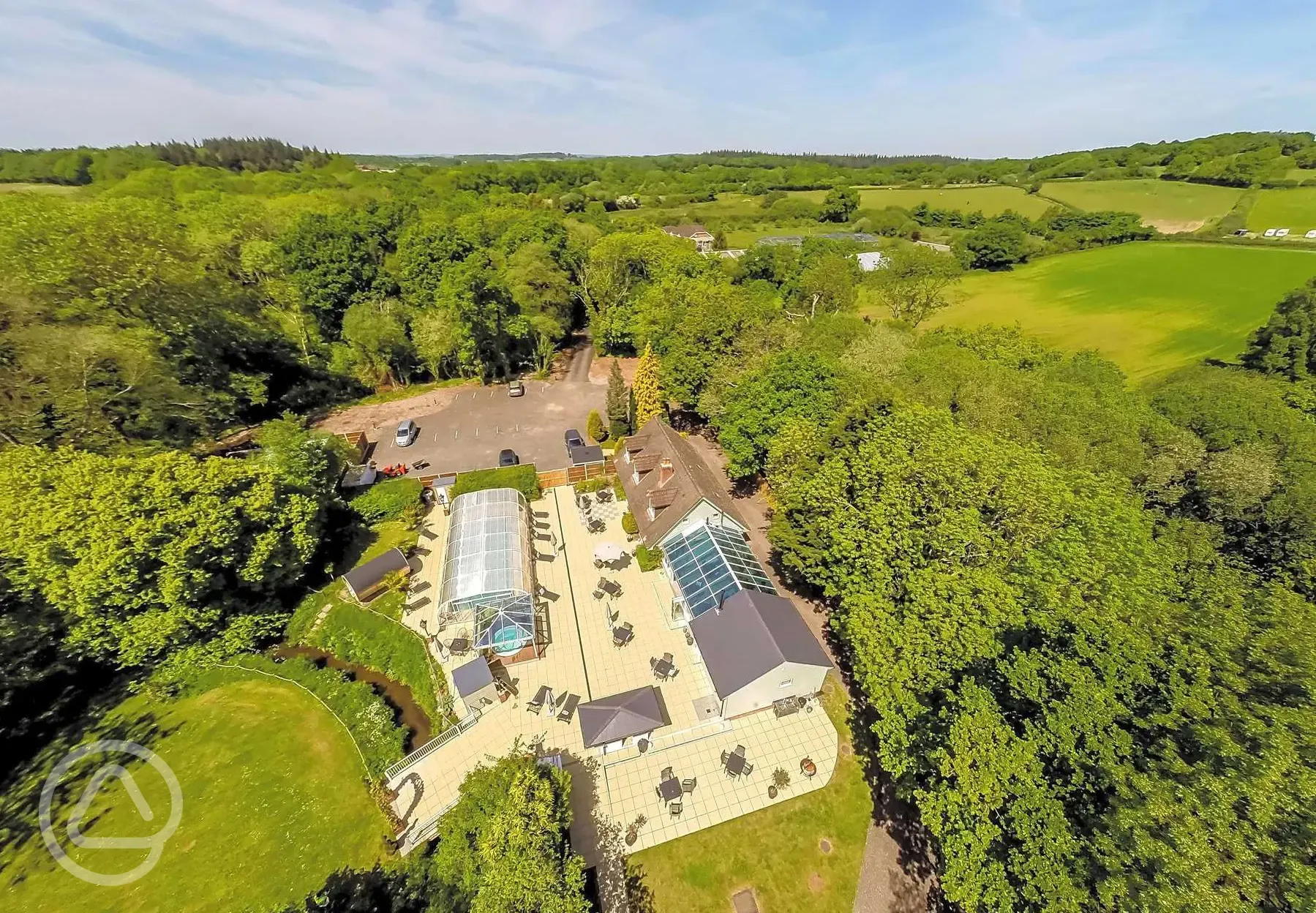 Aerial of the campsite and covered swimming pool