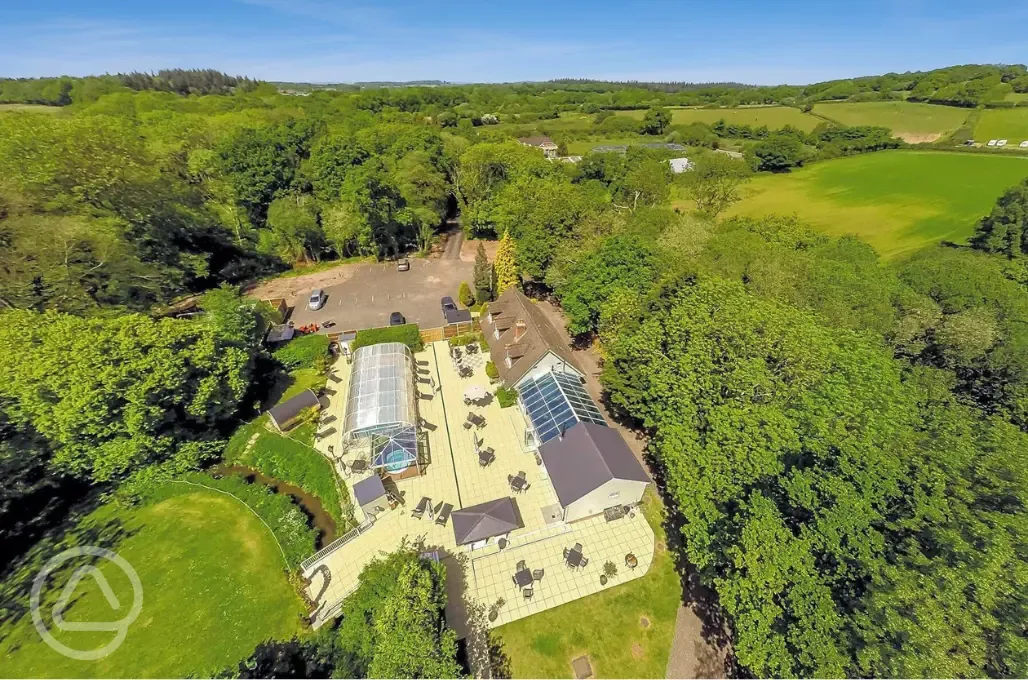 Aerial of the campsite and covered swimming pool