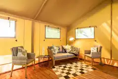 Oak safari tent lounge/seating area