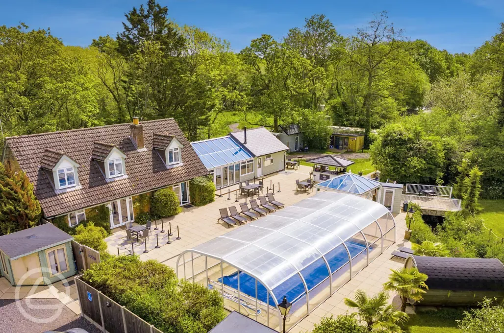 Aerial of the facilities and covered swimming pool