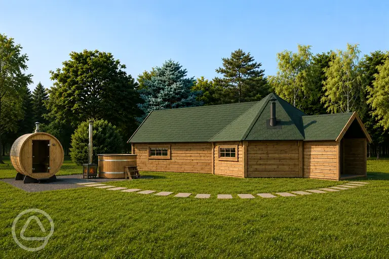 Cabin exterior with wood fired hot tub and sauna