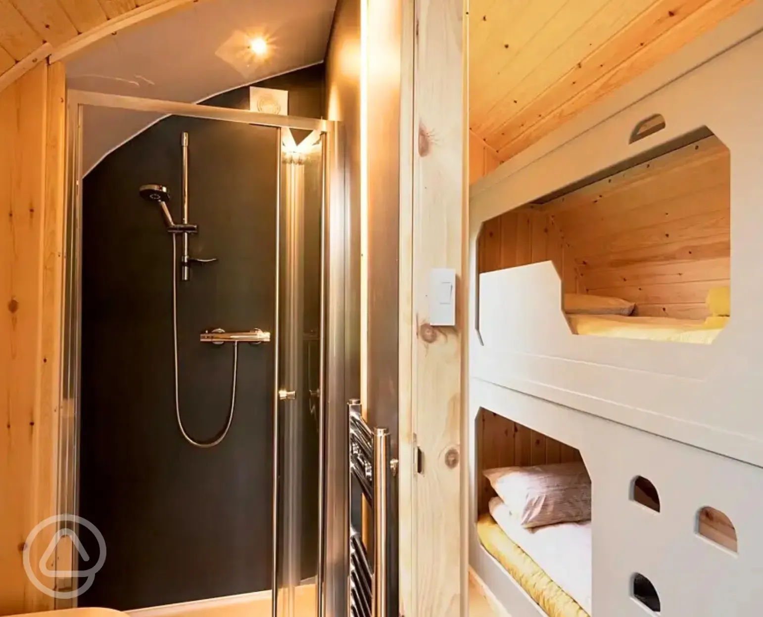 Bramble and Willow glamping pods - bunk beds and ensuite bathroom