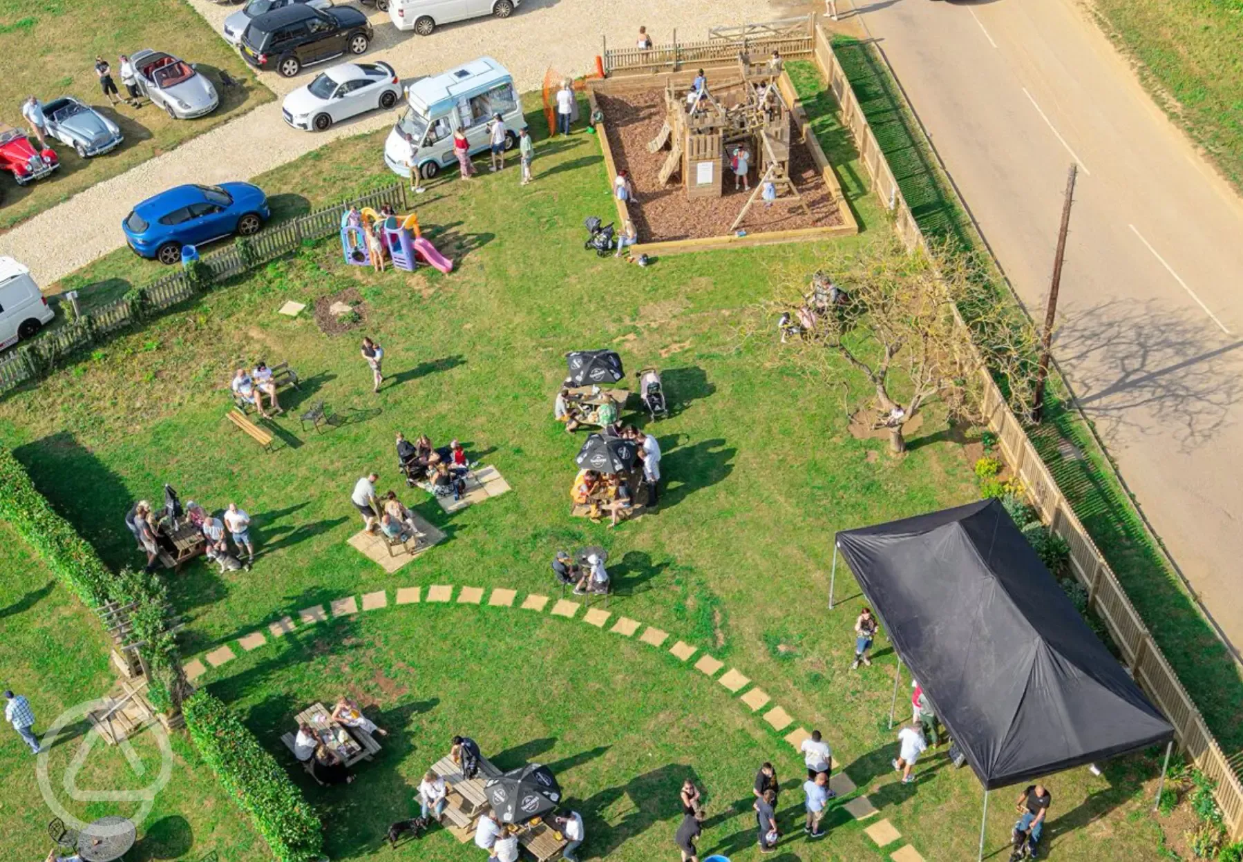 Aerial of the Gate Hangs High pub garden and car park