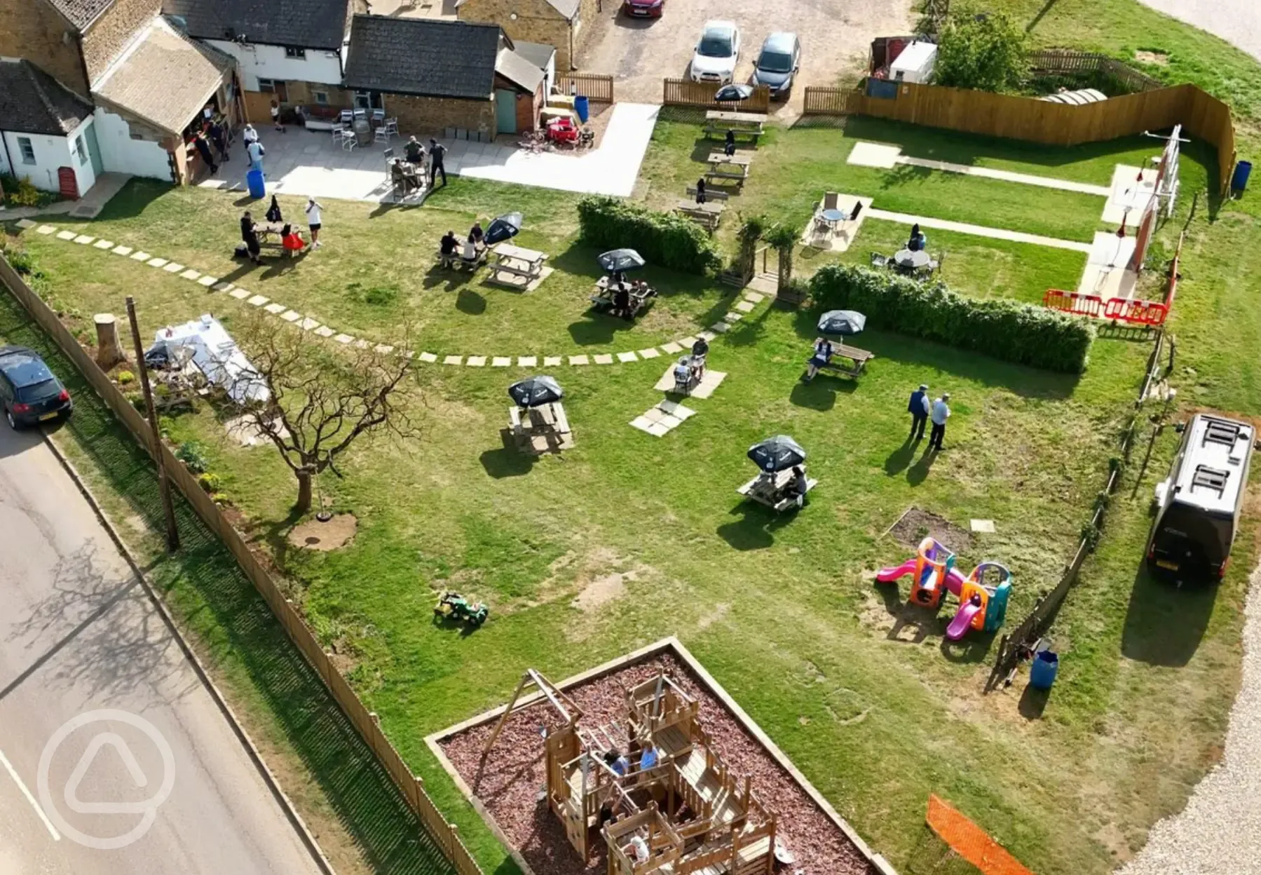 Aerial of the Gate Hangs High pub, pub garden and play park