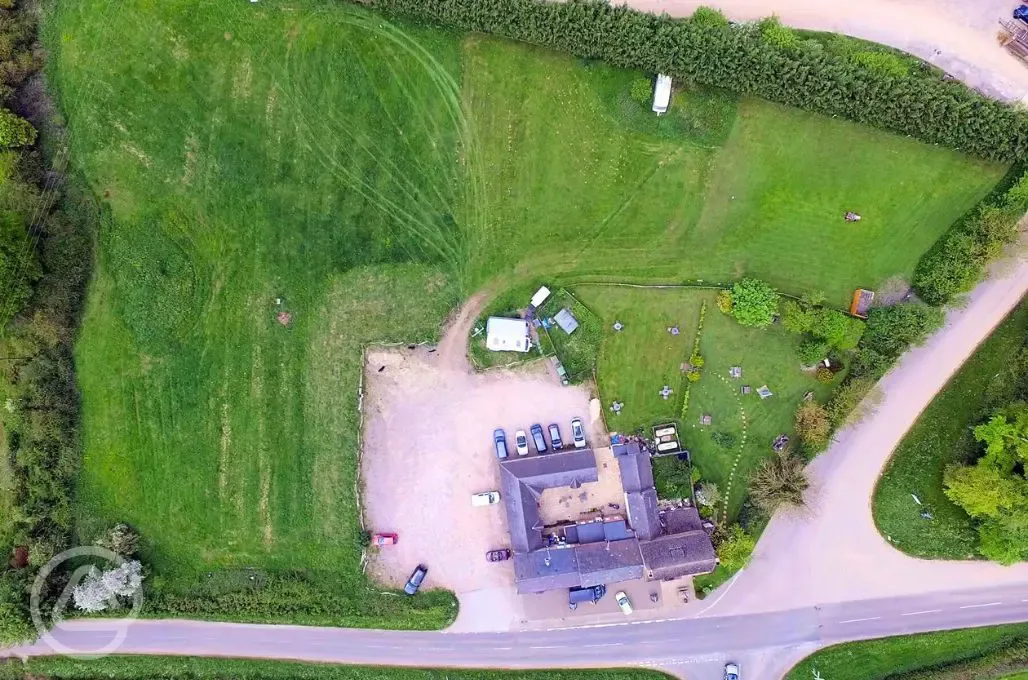 Birdseye view of The Gate Hangs High campsite and pub