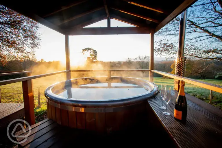 Glamping dome private wood-fired hot tub at Luna Domes at Hoath House