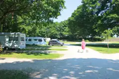 Hardstanding touring pitches with 10 amp hook ups and adjacent grass areas