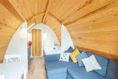 Glamping pod with optional two person hot tub, sofa, bed, seating and kitchen