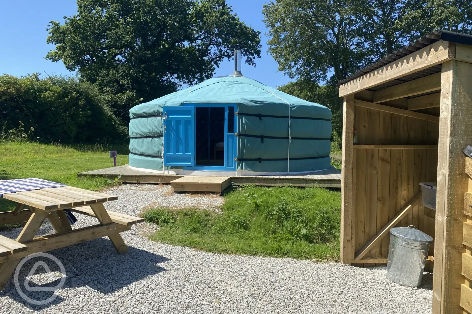 Yurt with private kitchen shelter and picnic bench