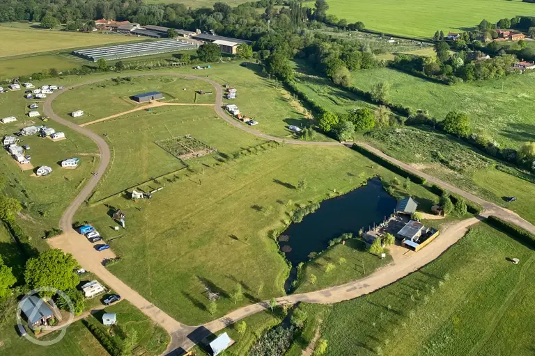 Aerial view of Old Buckenham Country Park overlooking the fishing lake
