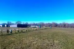 Electric grass tent pitches with distant views of the facility block