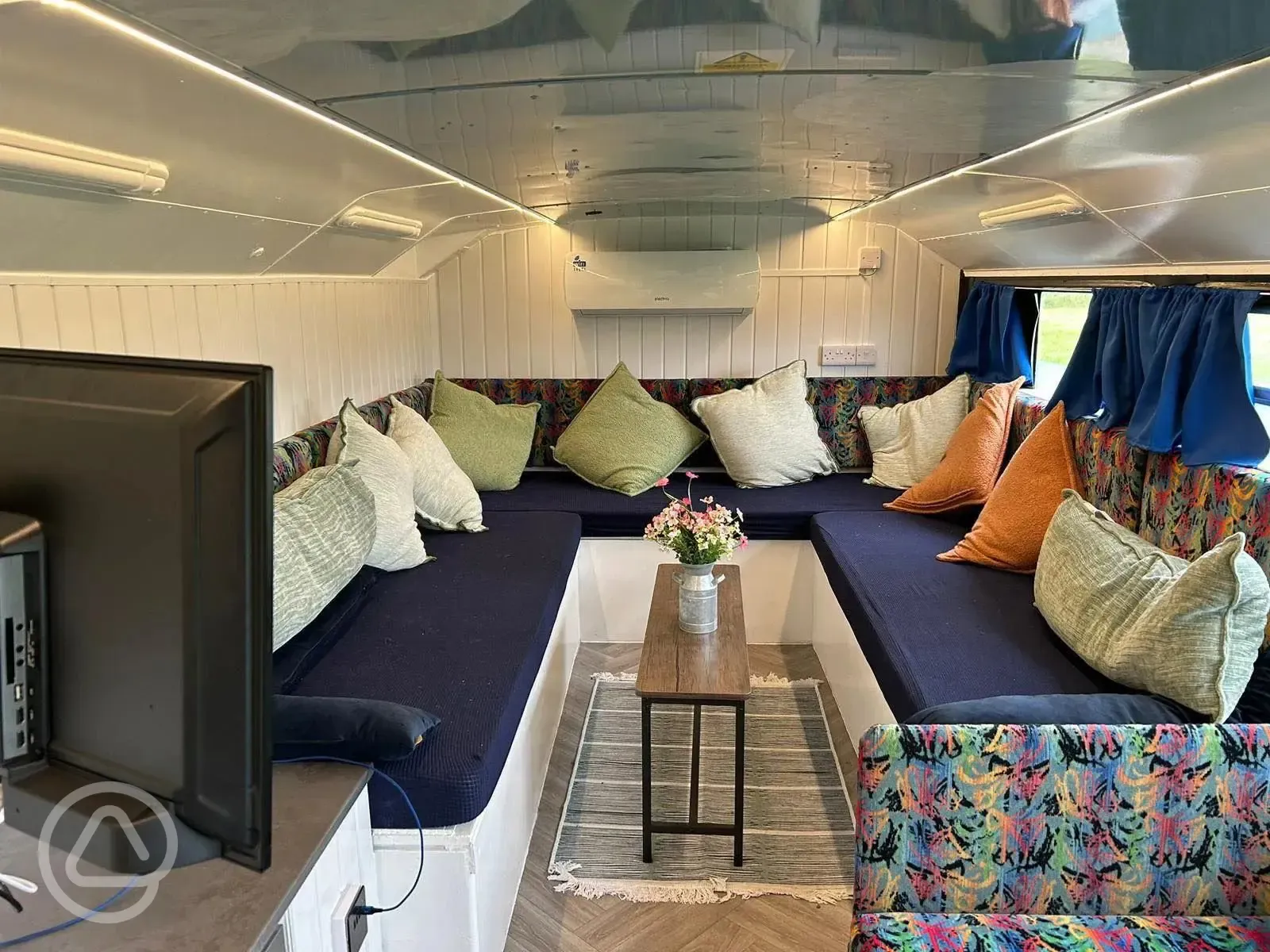 Glamping bus seating area