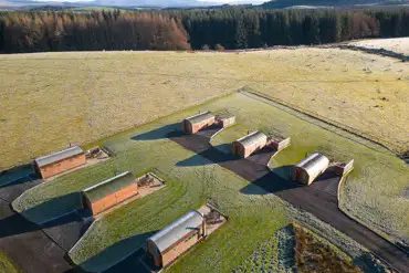Aerial of Barnharrow Holiday Pods overlooking the Galloway Hills