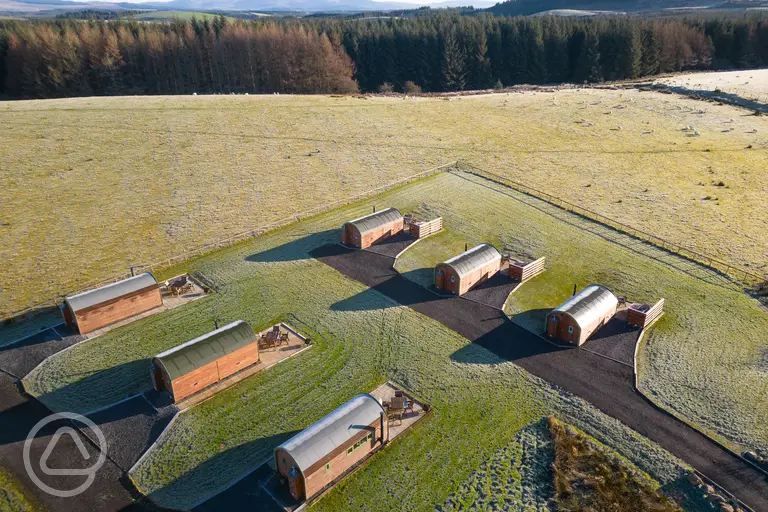 Aerial of Barnharrow Holiday Pods overlooking the Galloway Hills