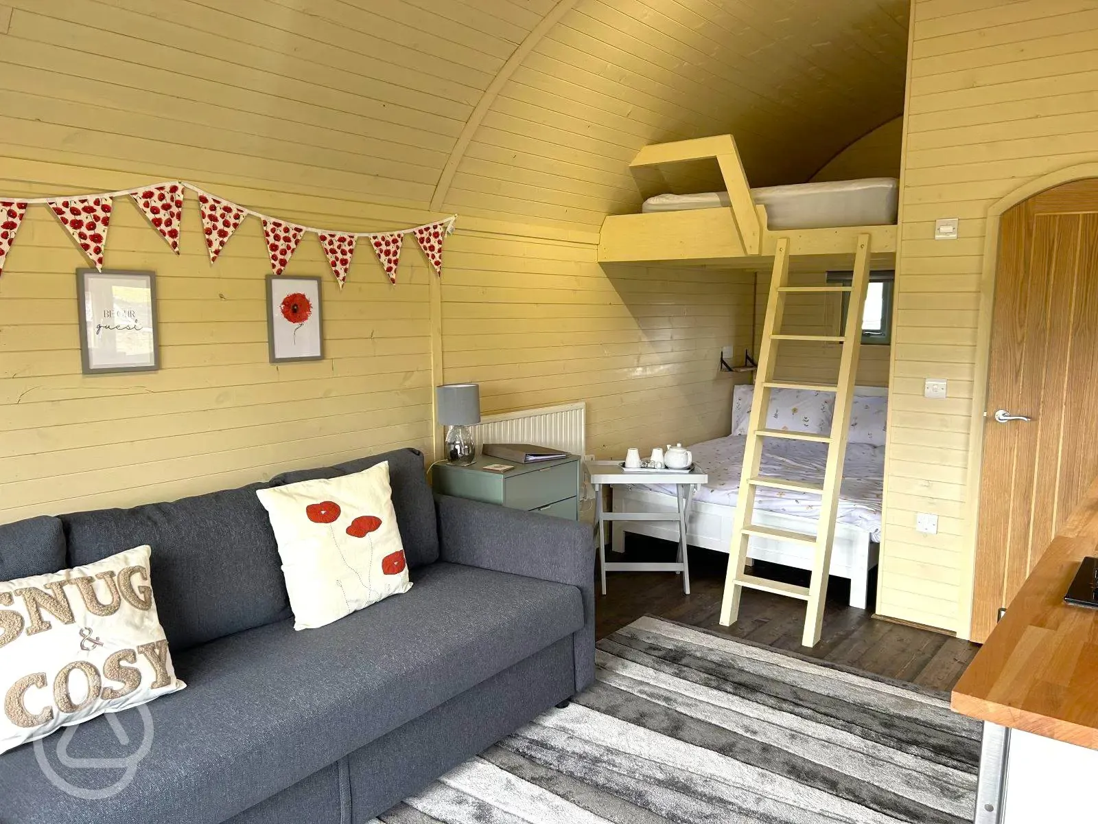 Family glamping pod with hot tub interior 