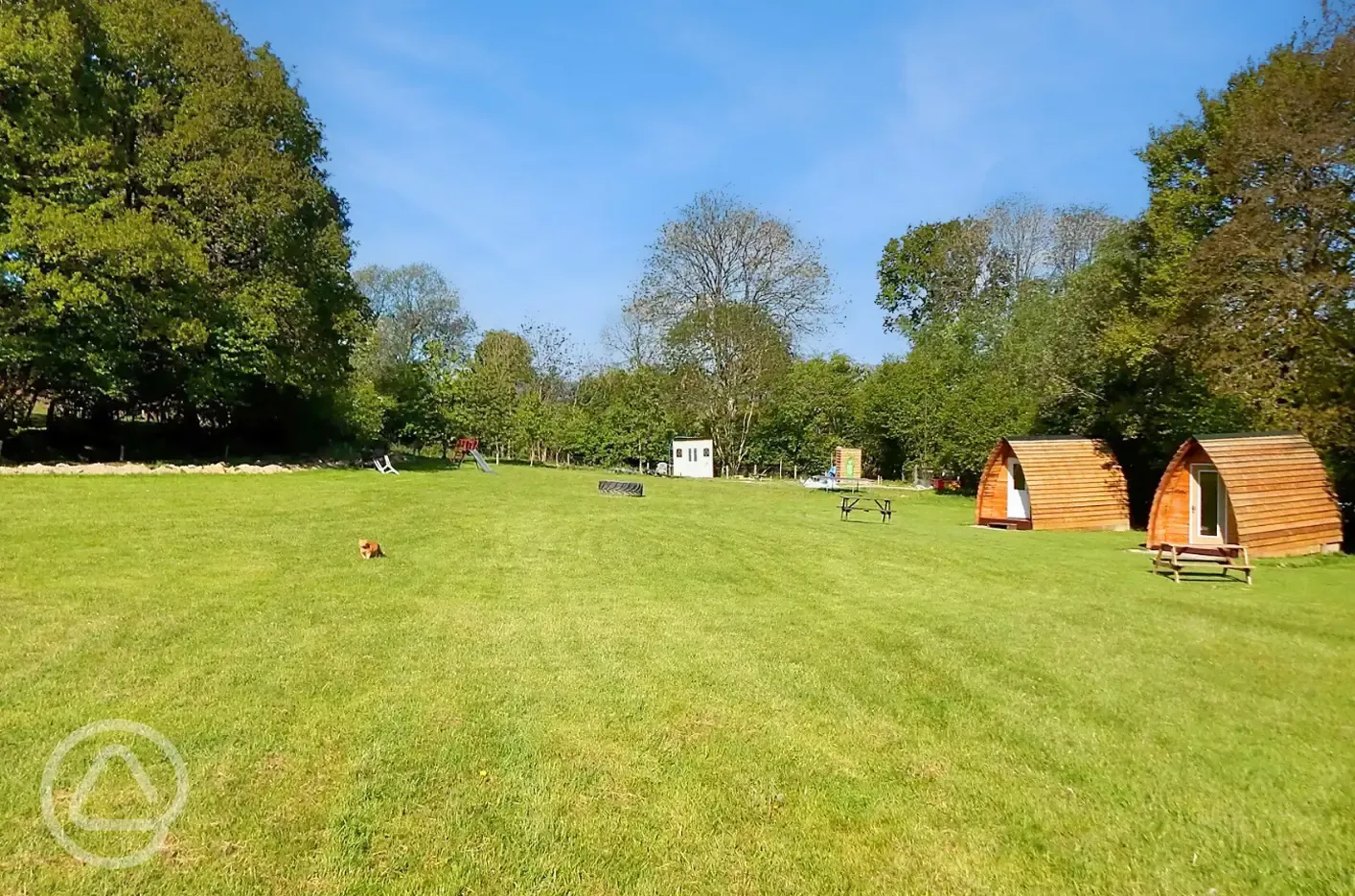 Grass pitches and camping pods