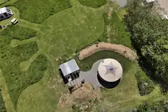 Aerial of Thistle yurt with a nearby outdoor kitchen