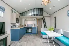 Stargazer glamping cabin living and kitchen area