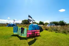 Electric grass tent pitches with a wind breaker and Cornish flag Electric grass tent pitches with a wind breaker and Cornish flag