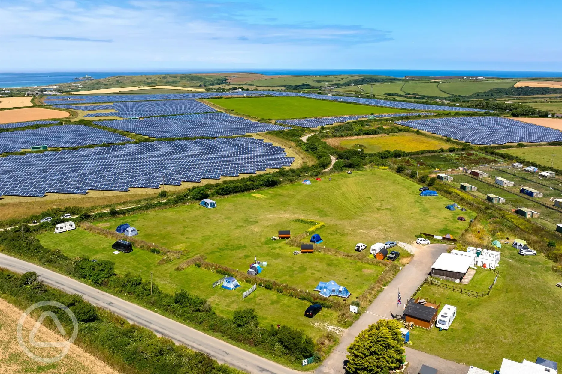 Aerial of The Old Stables facing inland with the neighbouring solar panels
