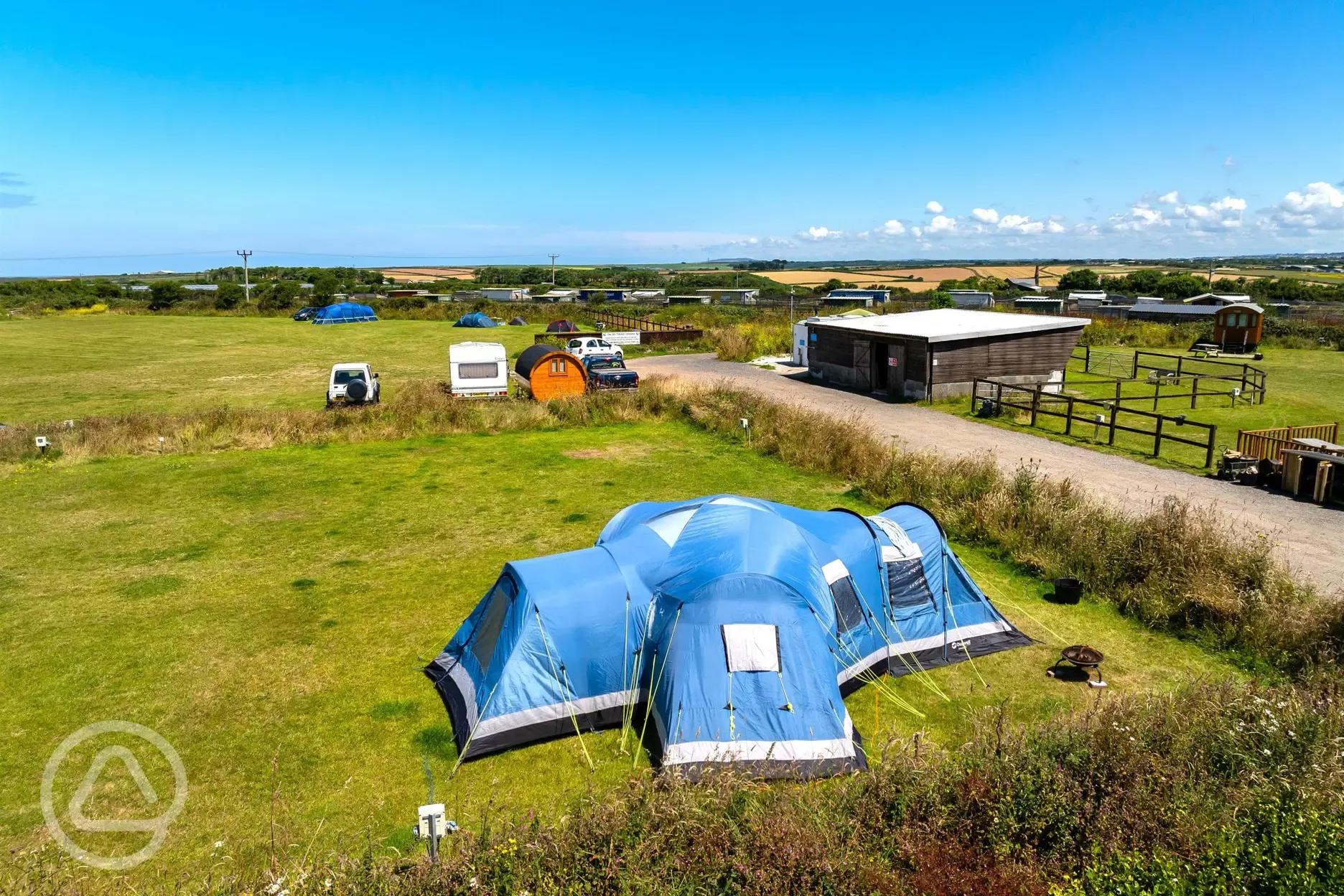 Raised view of the electric grass pitches near the entrance