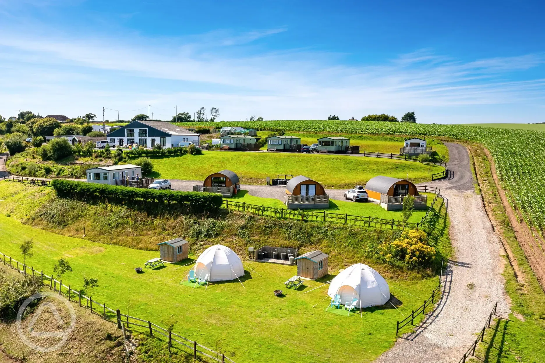 Aerial of the glamping pods and bell tents