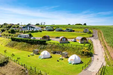 Aerial of the glamping pods and bell tents