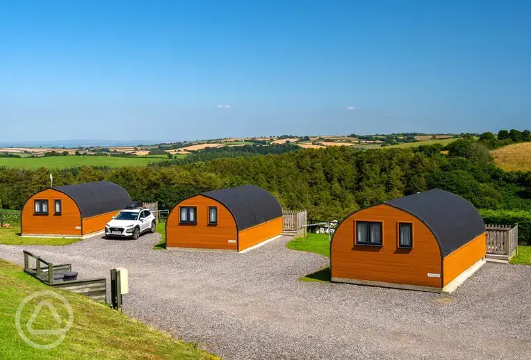 Glamping pods with countryside views