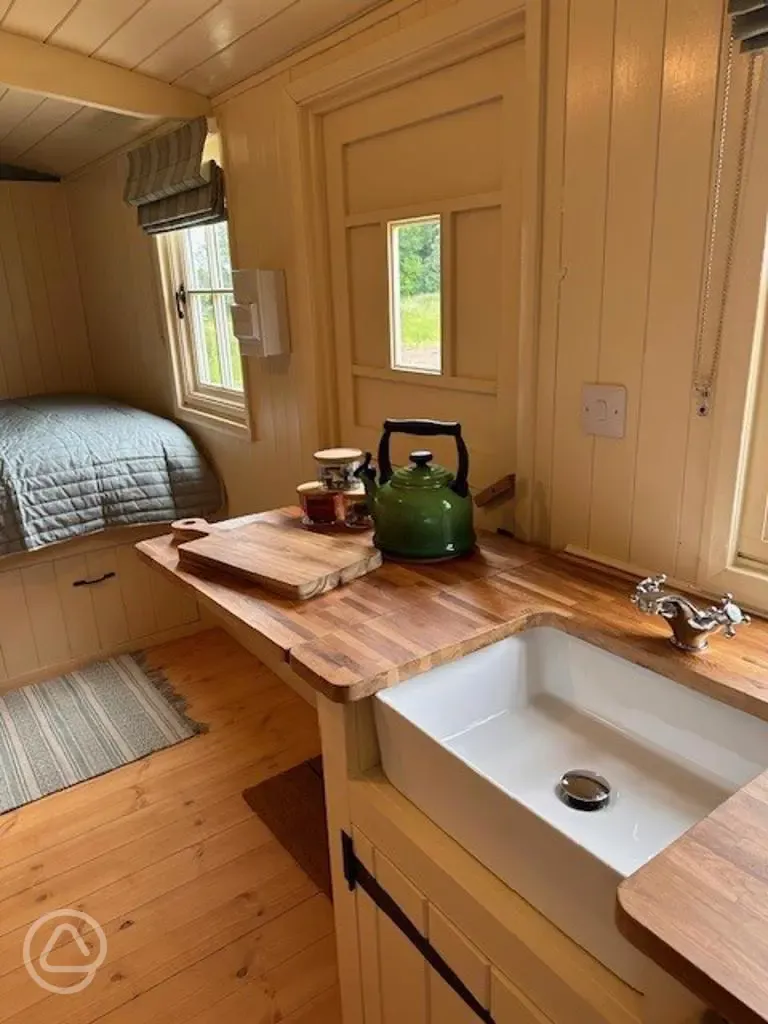 Shepherd's hut kitchen with sink