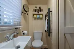 Shepherd's hut ensuite with a toilet, towel rail, sink, and mirror