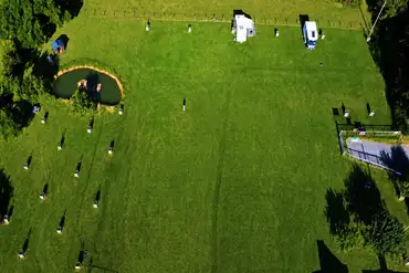 Aerial of the grass pitches at Aylton Motorhome and Caravan Site