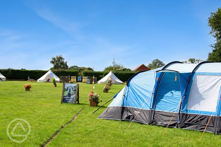 Large tent on a grass pitch with bell tents in the distance