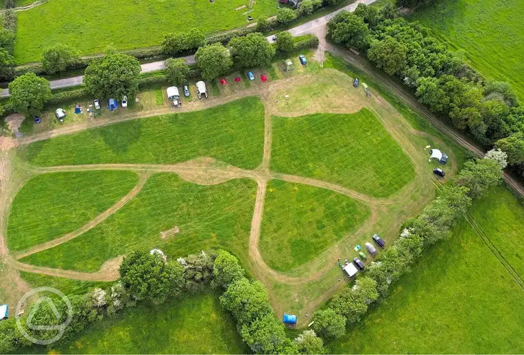 Bird's eye view of Park Farm Campsite with mown paths