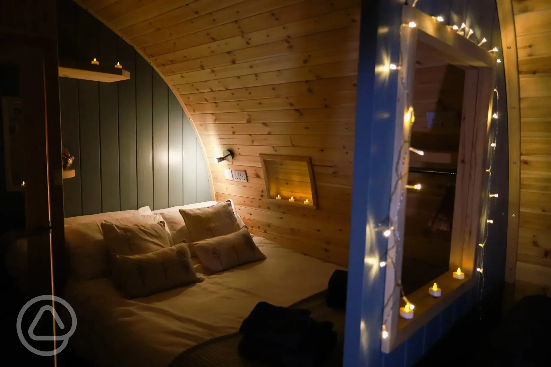 Willow glamping pod interior at night