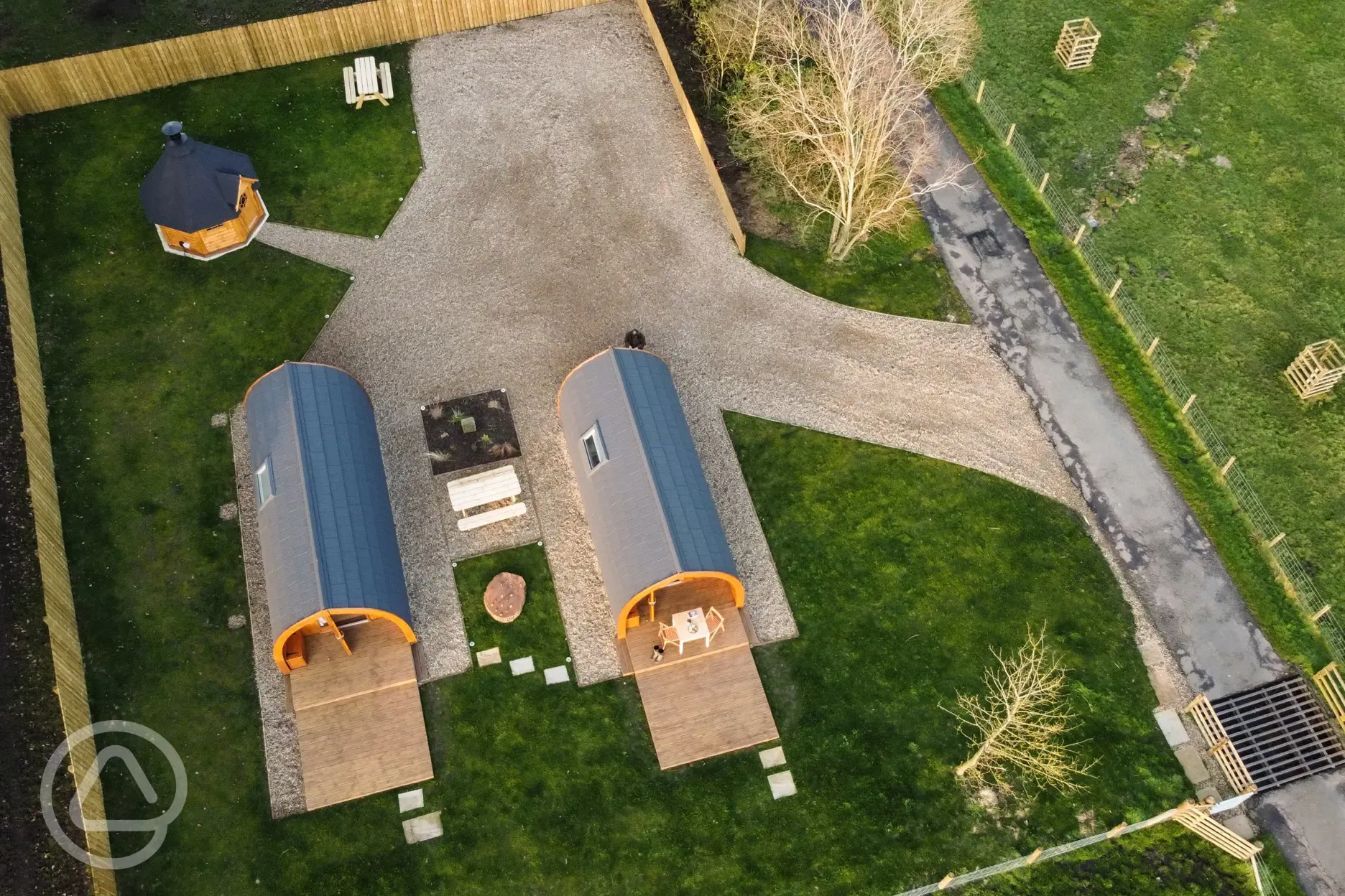 Aerial of the glamping pods