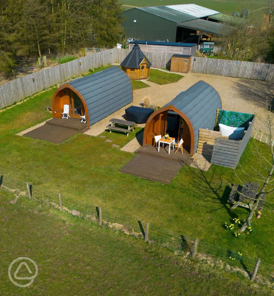 Aerial of the glamping pods